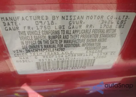2019 Nissan Versa 1.6 S+ from USA, damaged, VIN 3N1CN7AP2KL814792